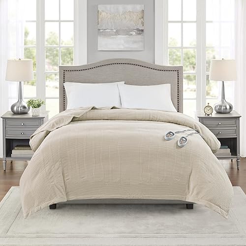 Vista 45 de Beautyrest Manta eléctrica de microforro polar ultrasuave con textura acanalada, acogedora y cómoda para clima frío, calentamiento rápido, apagado