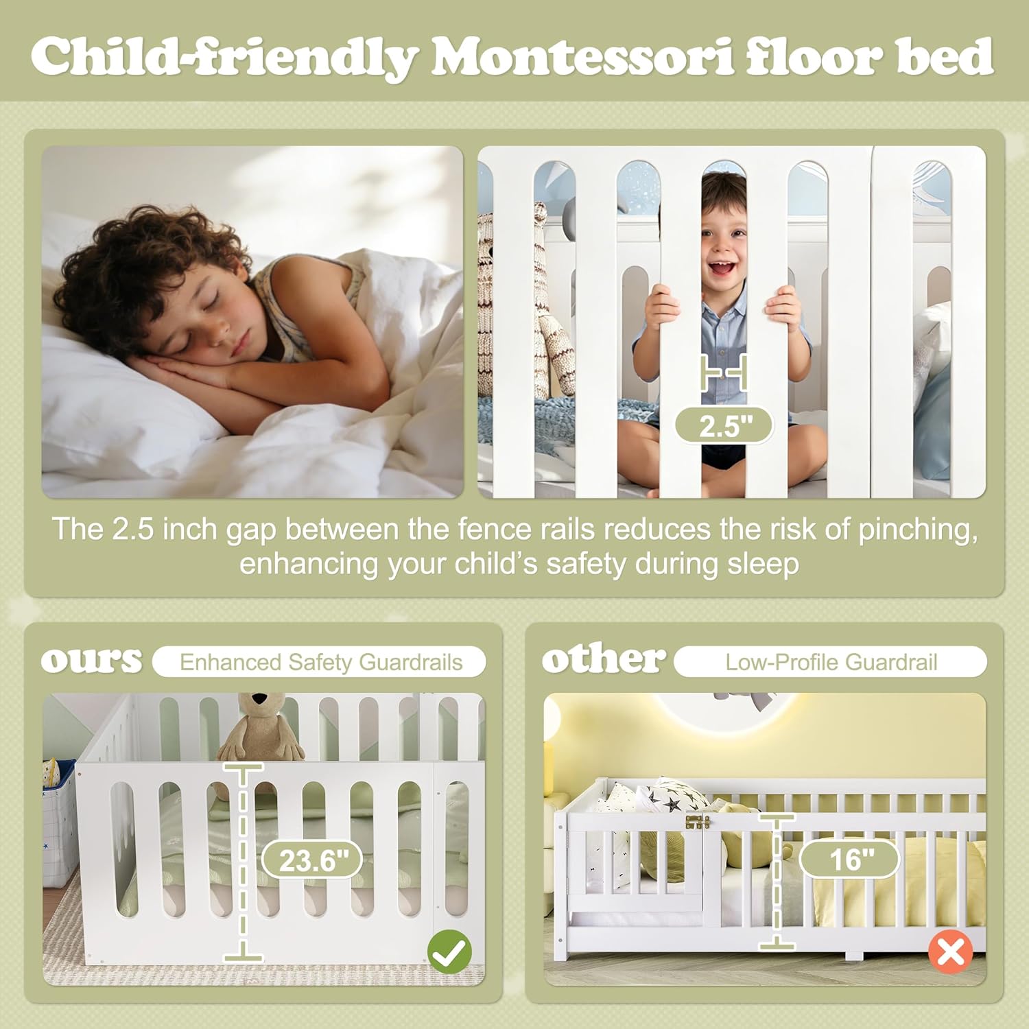 Bellemave Queen Size Montessori Floor Bed with High Fence, Queen Size Floor Bed with Rails and Door, Easy Assemble Montessori Beds Frame White