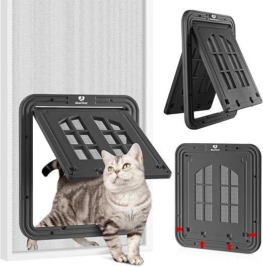 Cat Screen Door,Inside Opening 9.8×8.3Inch Cat Door for Screen Door, Pet Screen Door with Lockable Magnetic Flap for Pet Door,with 4 Entry Ways, Medium