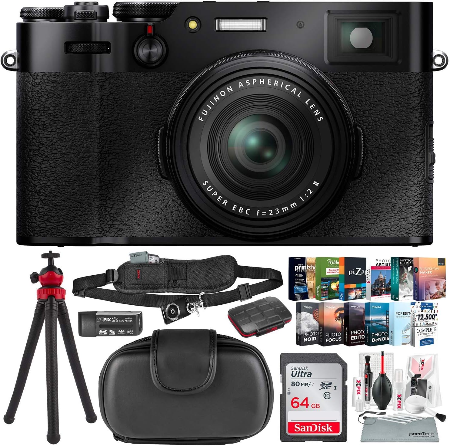 FUJIFILM X100V Digital Camera (Black) + Case, 64GB SD Card, SD Card