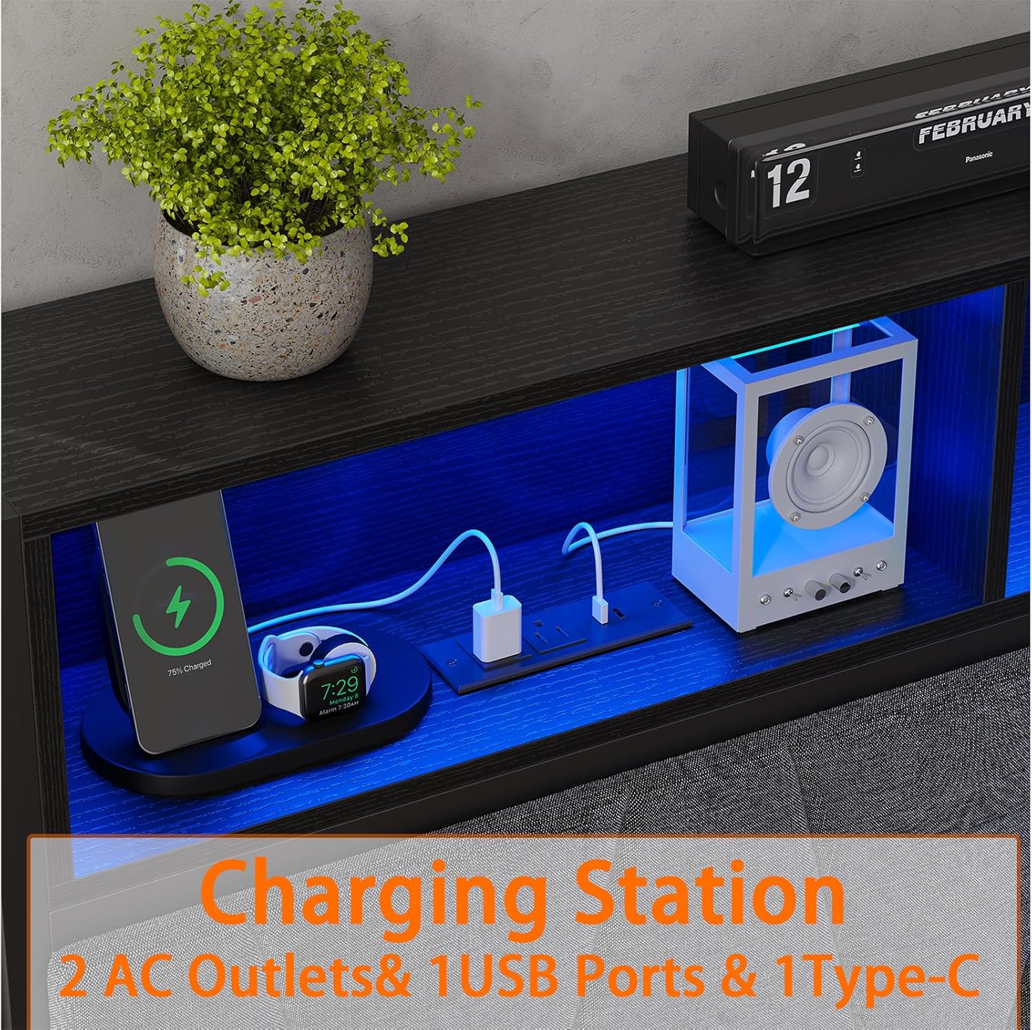 Twin Corner Bed Frame with 2 Storage Drawers and Charging Station Twin Size Platform Bed Frame with Led Lights and Upholstered Guardrail Twin Size Daybed for Teen/Adult with Storage,Black