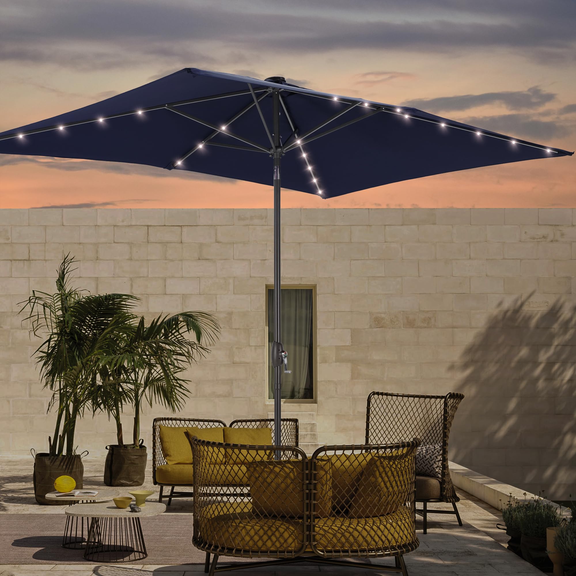 Bonosuki Rectangle Patio Umbrella with Solar Lights, 6x9ft Outdoor Rectangular Table Market Umbrella Patio with Push Button Tilt and Crank for Pool,