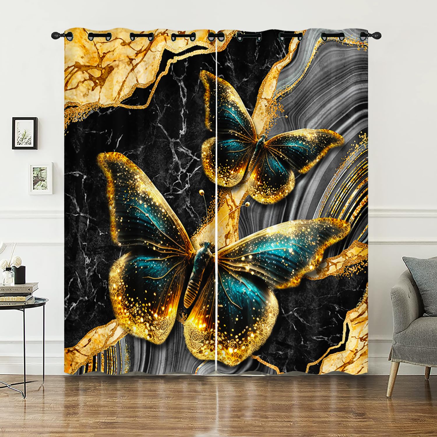 AILONEN Beautiful Butterfly Window Curtains, Golden Wings Tiers for Girls, Kids, Watercolour Print Treatment for Bedroom Living Room, 38