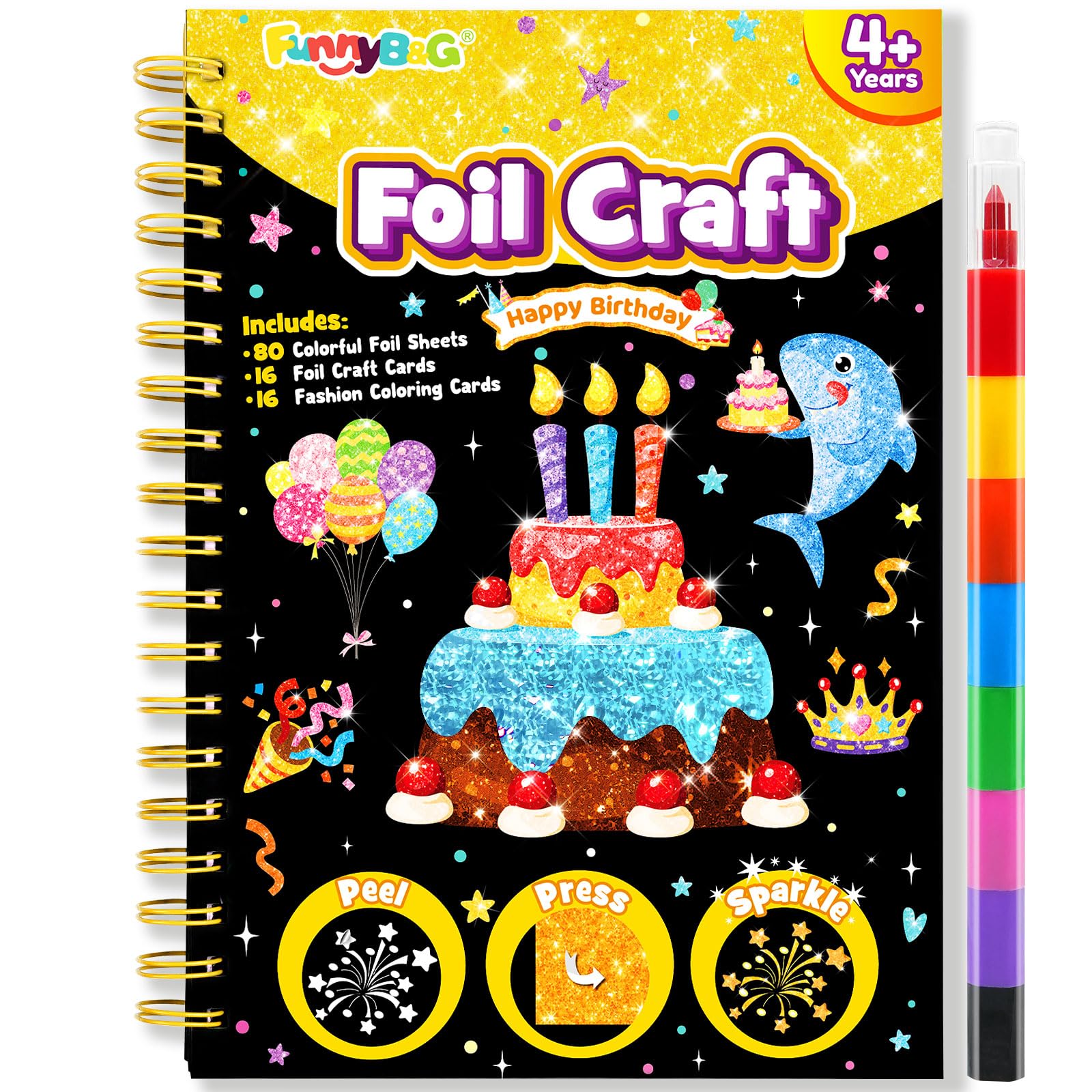 Photo 1 of FUNNYB&G Foil Art Craft Kit for Girls 4-10 Years Old: Mess-Free & No-Glue, Create 16 Sparkly Happy Birthday Pictures – Perfect Travel Toy & Birthday Gift for Kids?Happy Birthday?