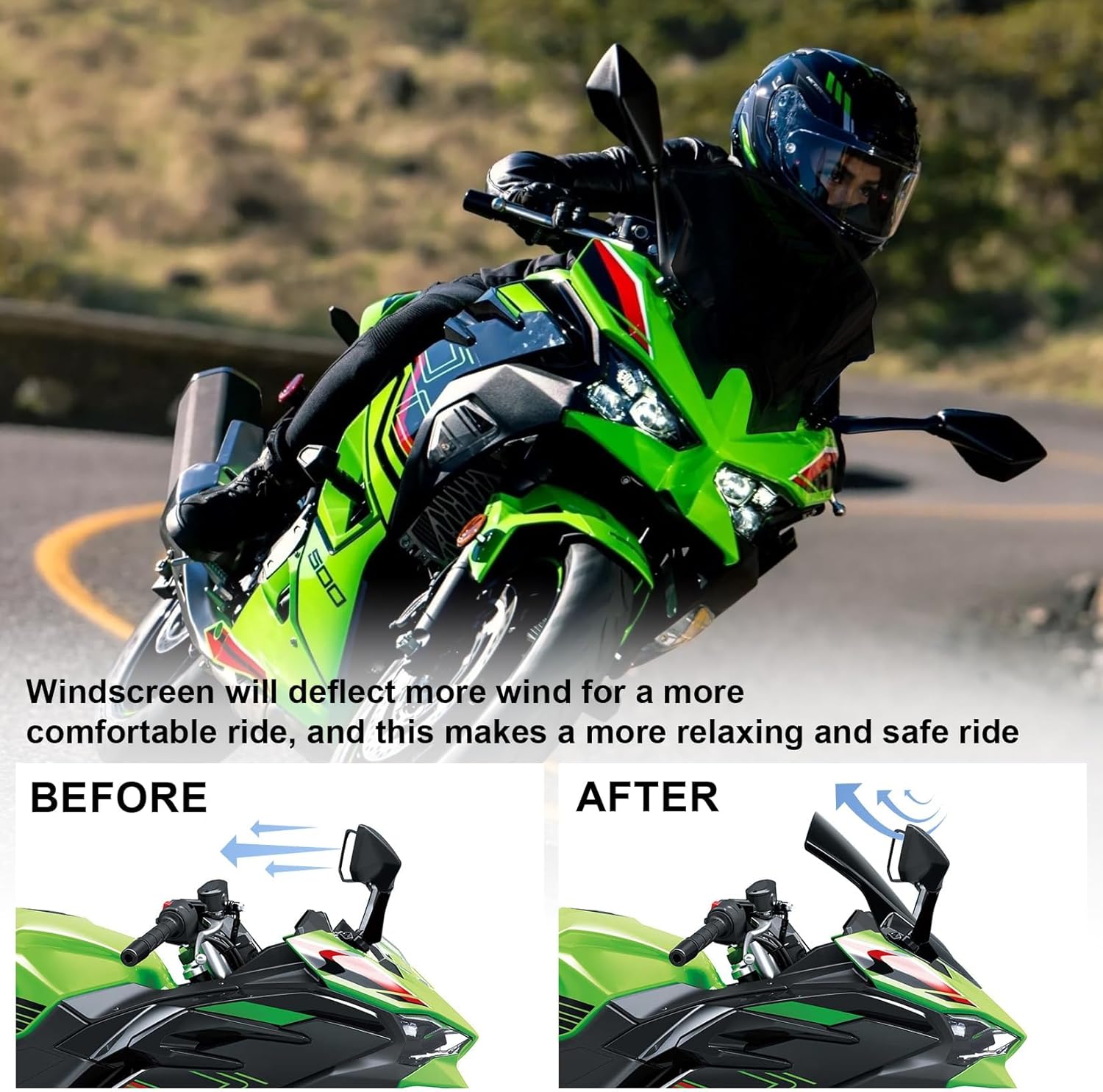 Windshield for NINJA500 SE 2024 2025 2026, PSLER Windscreen Double Bubble Wind Deflector Protector Fairing for NINJA500 SE Ninja 500 2024 2025 2026 (15" Black)