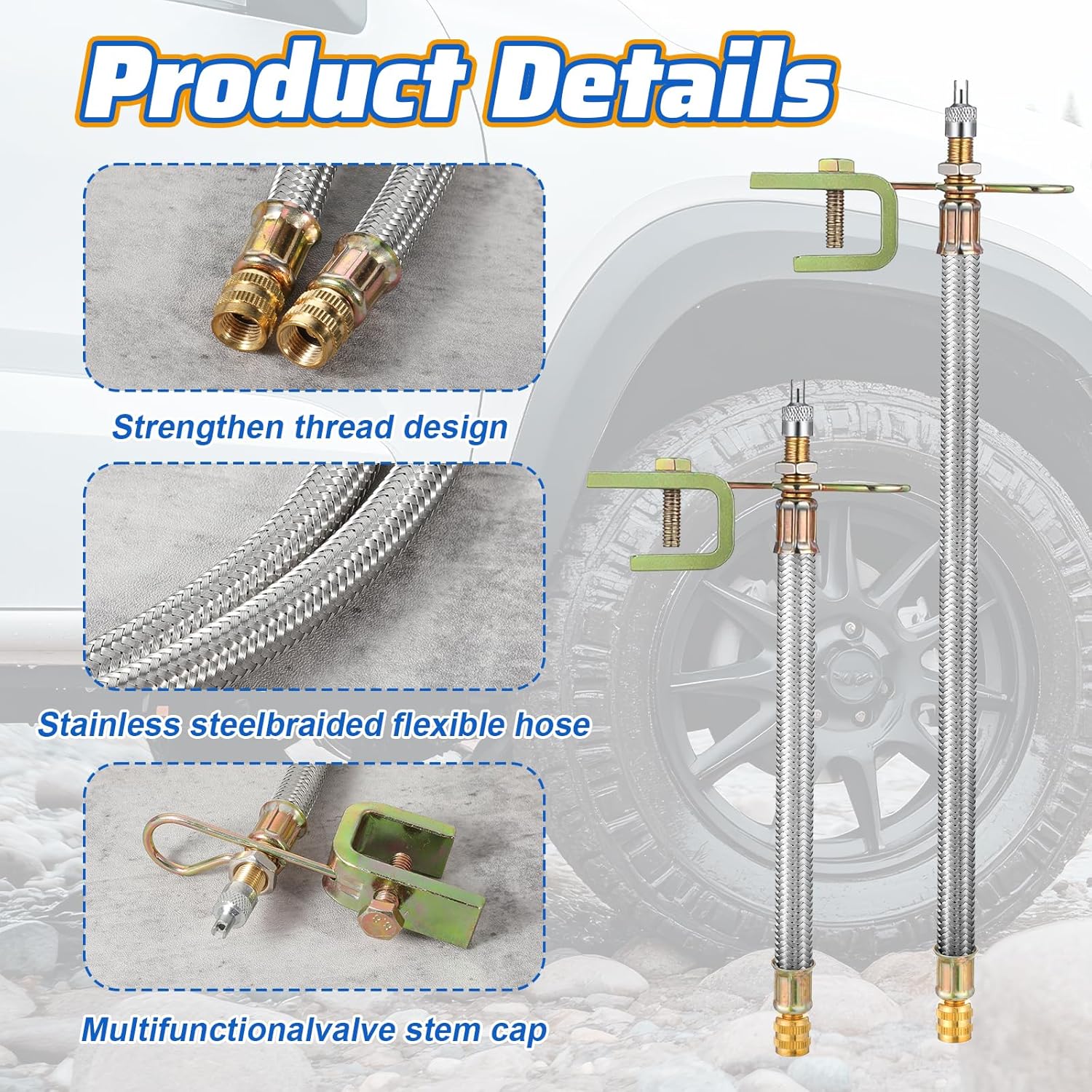 10 PCS Stainless Steel Dually Valve Stem extender, Includes 4 Dual Tire Valve Extension (7”,12”) and 6 Valve Extender Adaptor(45°,90°,135°) for Cars Trucks Motorhome Trailer Rv Trailer Vehicle