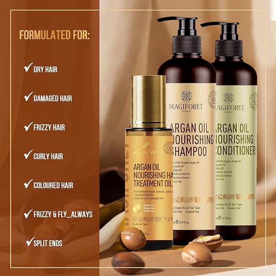 Argan Oil Shampoo and Conditioner Set (2 x 16.9 Oz) - MagiForet Organic Shampoo & Conditioner Sulfate Free - Soft & Smooth, Gentle on Curly & Color Treated Hair,For Men & Women (hair oil set)