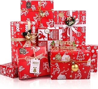 Christmas Wrapping Paper Sheets, 6 Red Christmas Wrapping Paper Set with Tags Stickers Ribbon, 6 Designs Angel Snowflake Elk Christmas Gift Wrapping Paper for Kids Boys Girls Man Women, 20x28 inch