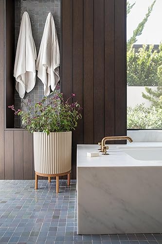 Miniatura 5 de Veradek Demi Series - Maceta redonda con soporte para porche o patio, soporte de plástico duradero con hormigón y madera, decoración moderna para