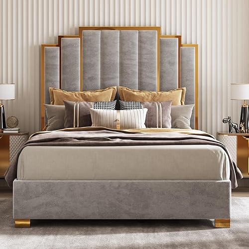 Miniatura 16 de AMERLIFE Cama tapizada tamaño California King, marco de cama moderno de terciopelo con cabecera de 65.4 pulgadas de alto, no necesita somier, color