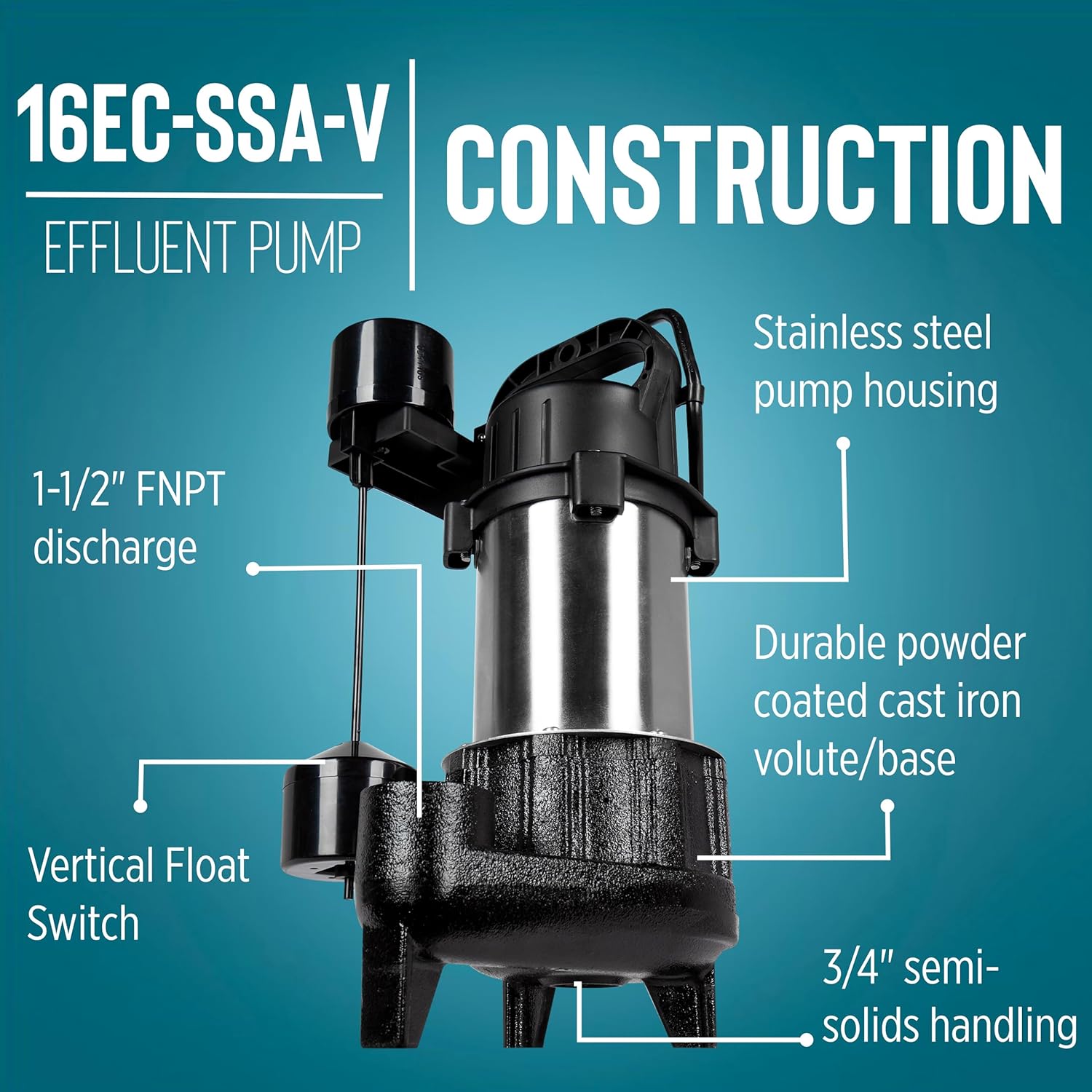 Little Giant 16EC-SSA-V 115 Volt, 1 HP, 4800 GPM Sump or Light Effluent Pump with Piggy-back Vertical Switch, 10-Ft. Cord, Black, 14942785