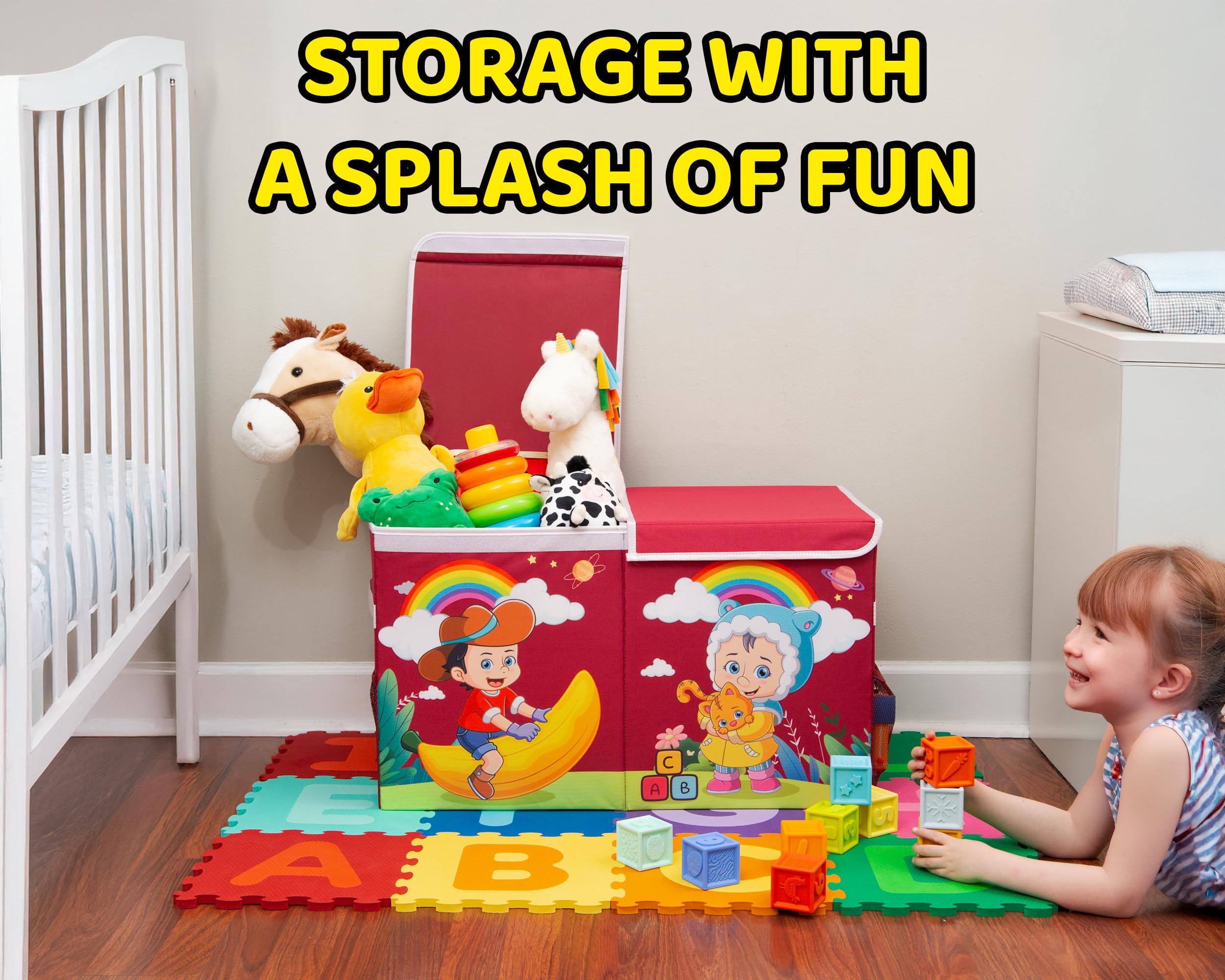 GRABBZEE Toy Storage Chest, Foldable & Sturdy Toy Storage Box, Baby Toys Storage Organizer, Toy Bin with Lid, Collapsible Toddler Basket Trunks, Kids Toy Bins for Boys & Girls.