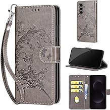 Mobile Phone Case for Samsung Galaxy S25 FE Cases Premium Leather Flip Wallet Case Magnetic Card Slot Stand Function Flip Case Compatible with Samsung S25 FE Case - Grey Flowers