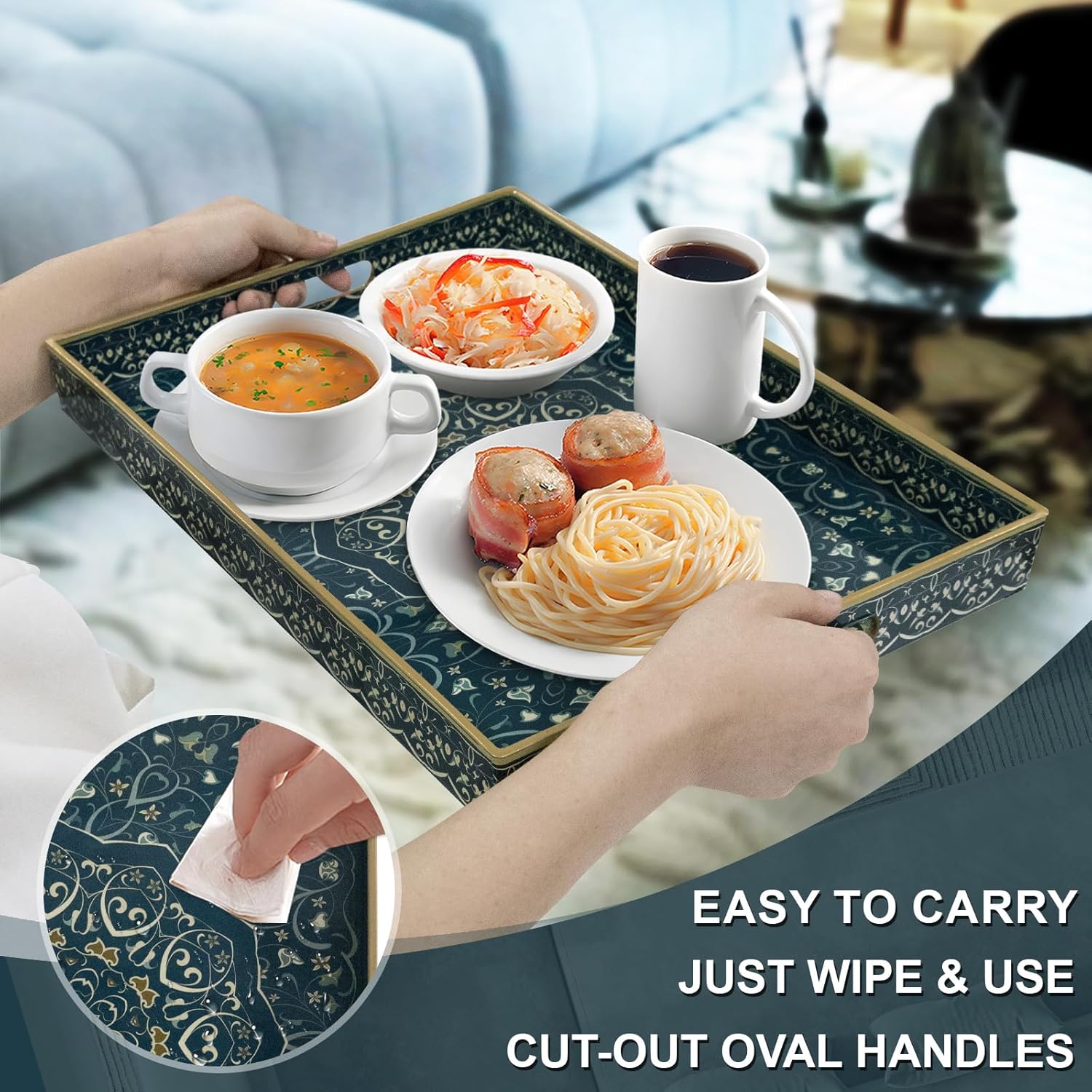 MAONAME Serving Tray with Handles, Plastic Rectangular Tray for Coffee Table, Dark Blue Boho Decorative Trays for Ottoman, Living Room, 15.8" Lx 11.8" W X 1.6" H - Image 3