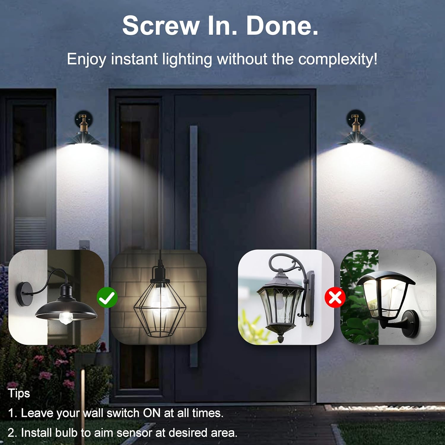 Boxlood LED Motion Sensor Light Bulbs Outdoor Indoor, 12W(100W Equivalent) A19 E26 Motion Activated Dusk to Dawn Ampoule Exterieur, 6000K Cool White for Porch Garage Basement Hallway Stairs, 2 Pack