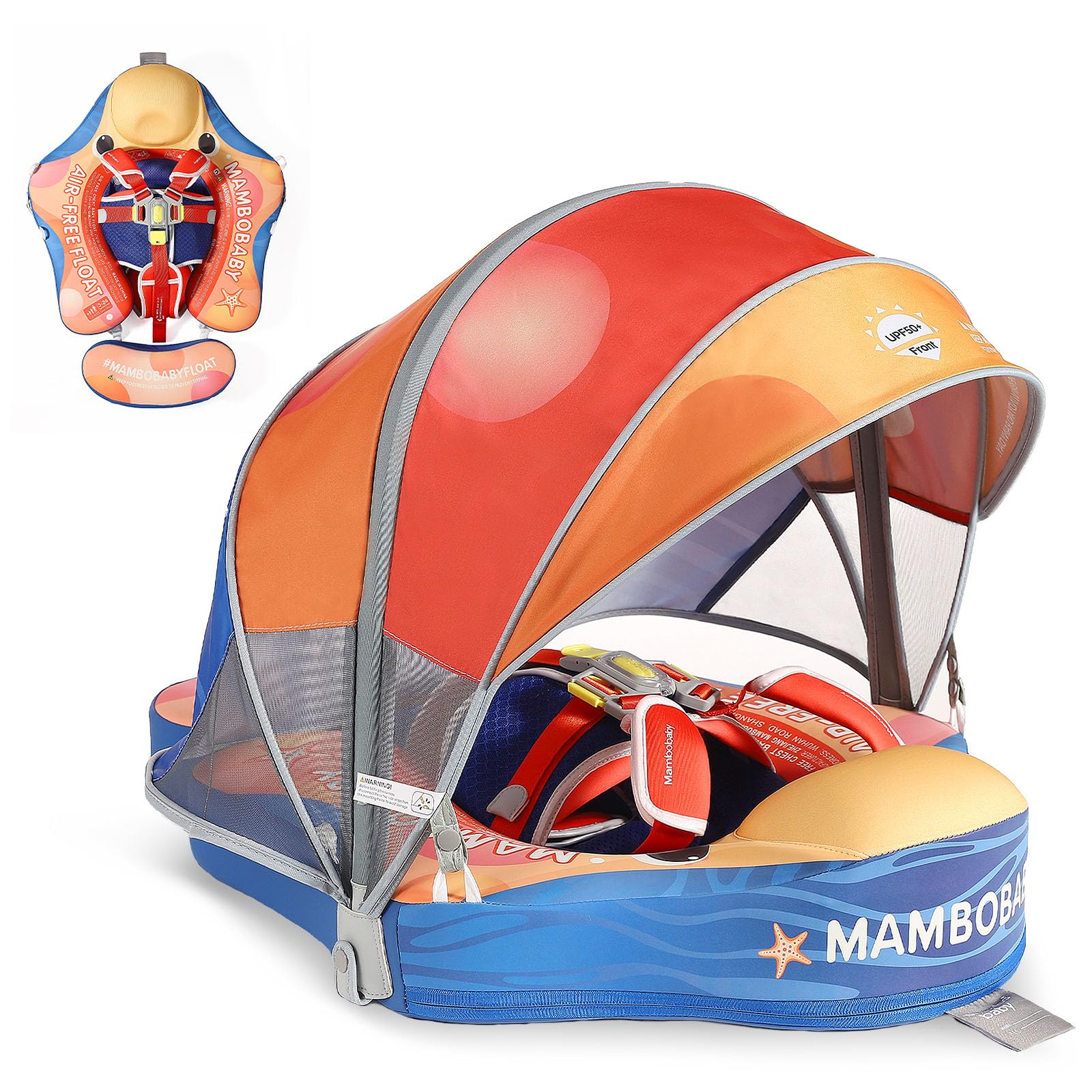 Mambobaby Baby Pool Float with Canopy, Non-Inflatable Infant Floats with Tail Solid Upgrade Soft Waterproof Skin-Friendly Mambo Baby Swimming Float