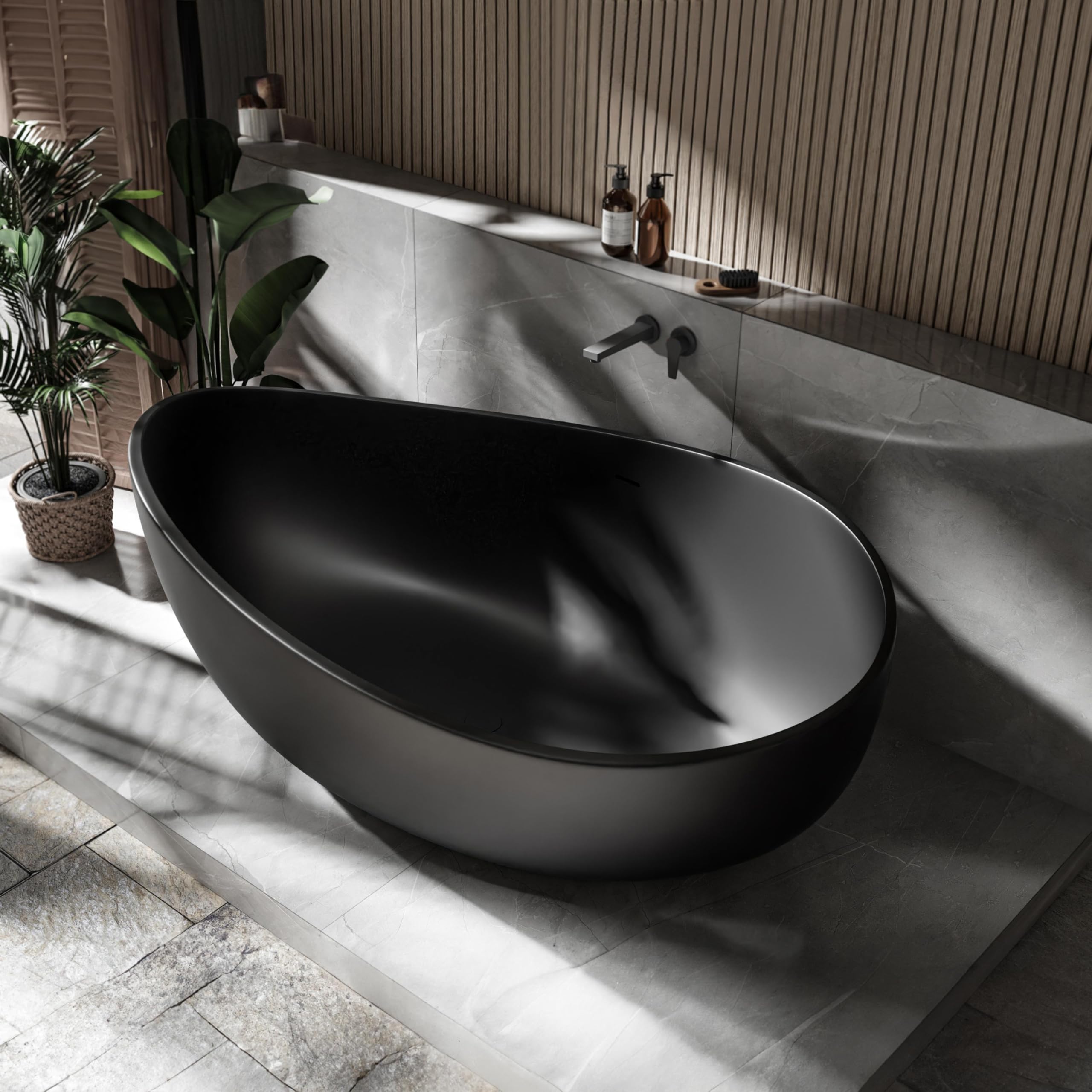 Vasca da bagno freestanding in Solid Stone, 'WAVE' nero opaco 180x110cm