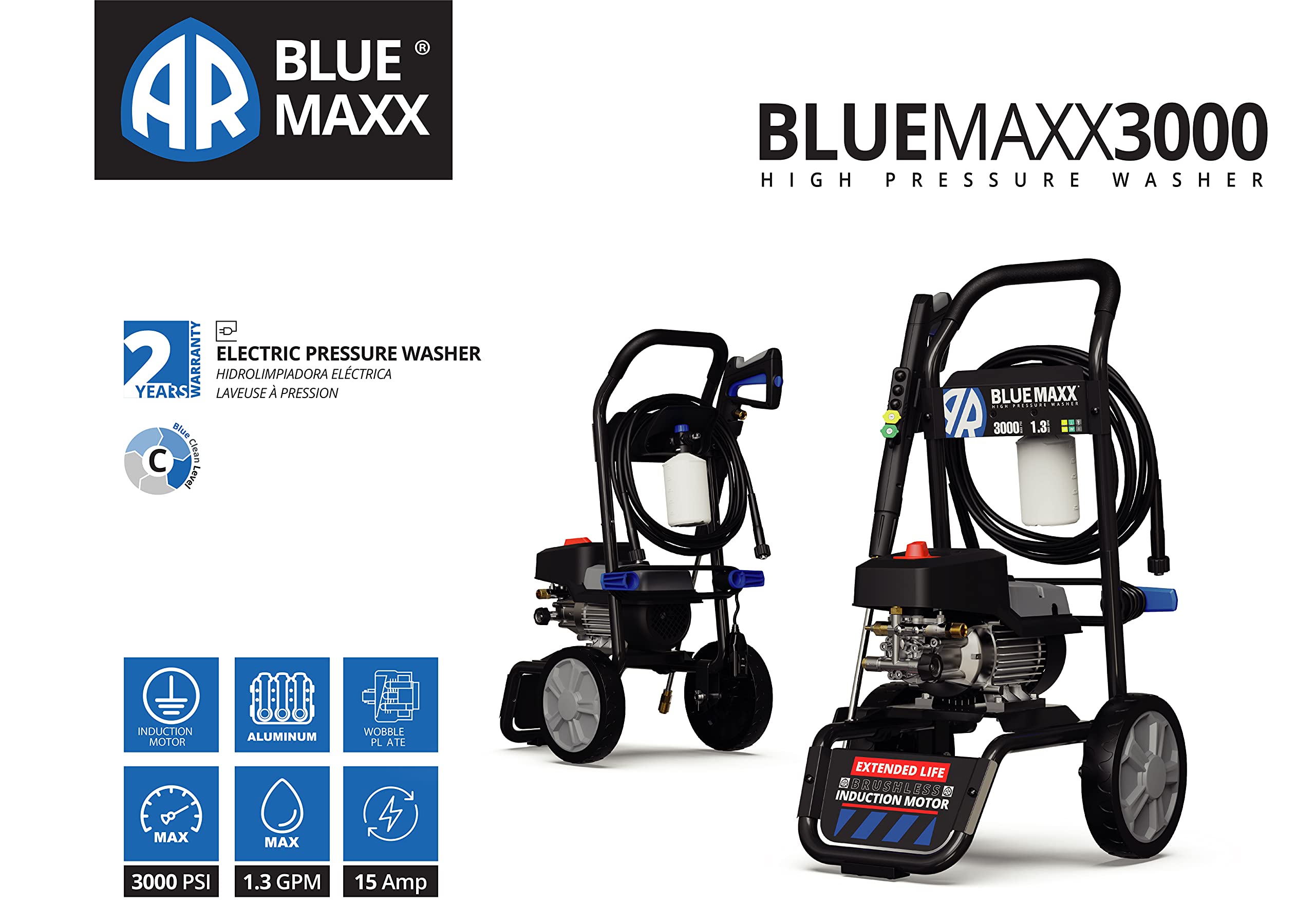 AR Blue Maxx, BM 3000 Electric Pressure Washer, 3000 PSI, 1.3 GPM, 15