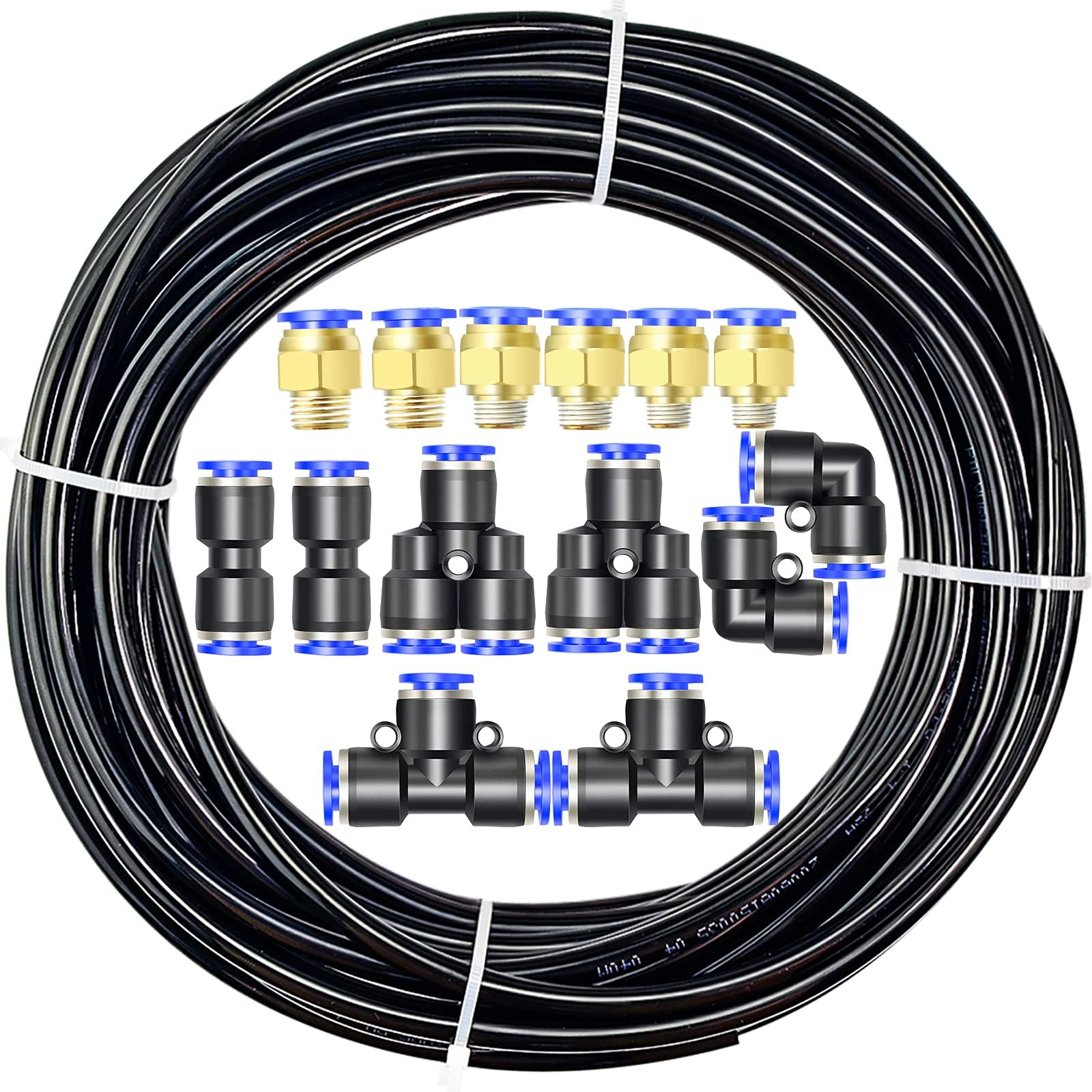 Polyurethane PU Air Hose Pipe Tube Kit, 6mm OD x 4mm ID with 14 Connector Kits (Black, 10M)