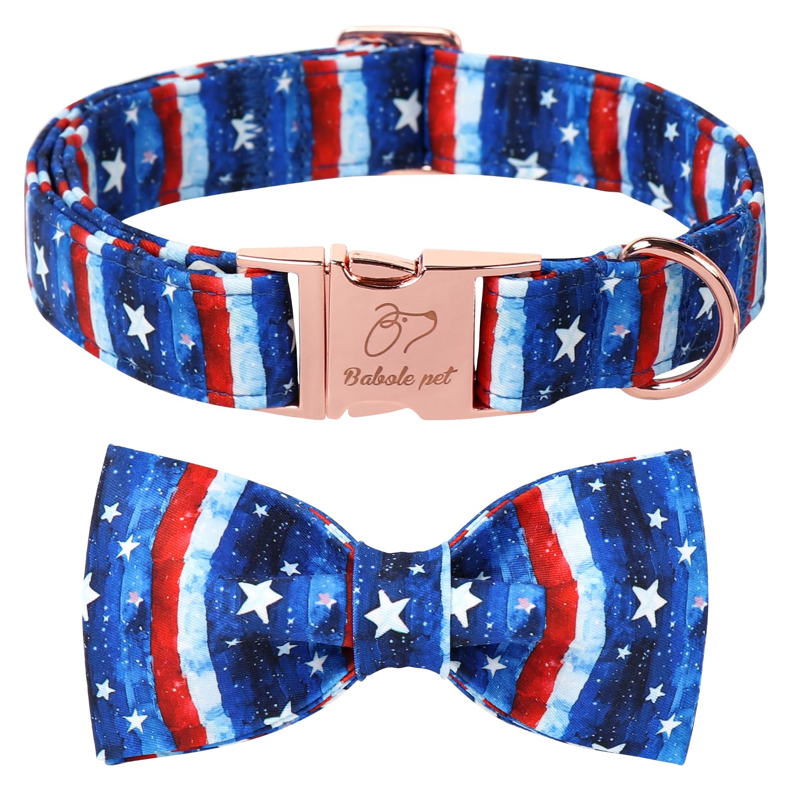 Babole Pet 4th of July Dog Collar with Bow Tie - Flag Day Stars & Stripes Patriotic Bowtie Collar Independence Day Safety Dog Collars for Small Medium