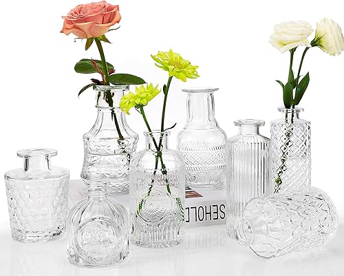 CEWOR Jarrones de cristal a granel, juego de 8 jarrones pequeños para centros de mesa, jarrones de flores para flores a granel para decoración