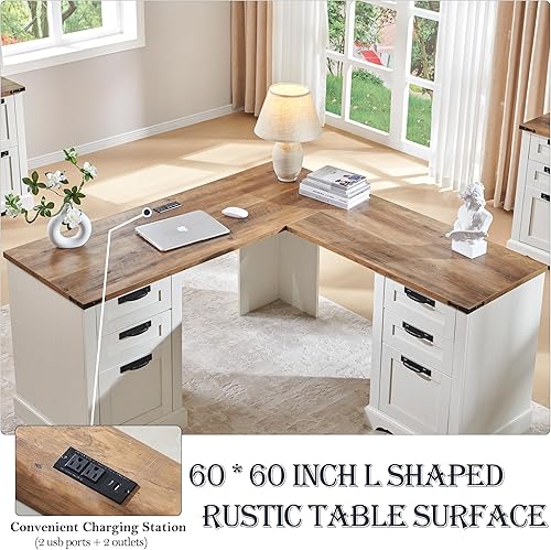 Miniatura 3 de RedLemon Escritorio Ejecutivo en Forma de L de Granja de 60" con Cajones, Escritorio Esquinero de Madera para Oficina en Casa con Estación de Carga,