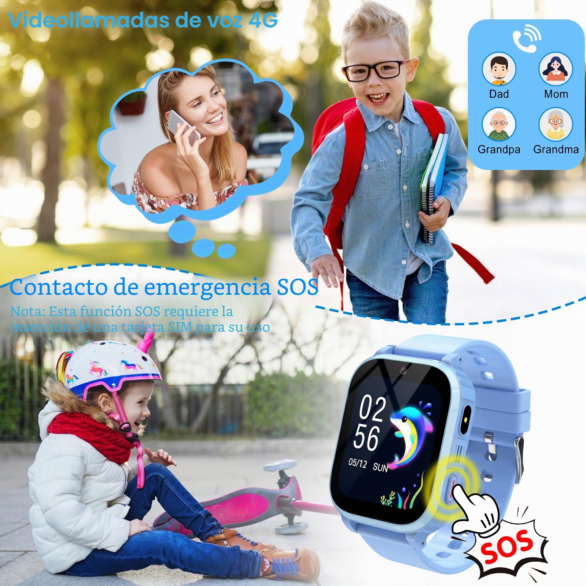 GPS Reloj Inteligente Niño 4G, IP68 Smartwatch Niños con GPS y Llamadas, SOS/Localizador WiFi/Videollamada/Chat/Voz, Modo Clase, Calendario, 7 Juegos, Alarma, Linterna, Regalo Ideal para Niños y Niñas