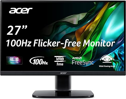 acer KB272 Hbi 27" Full HD (1920 x 1080) Monitor de oficina para juegos de marco cero AMD Tecnología FreeSync 100Hz 1ms (VRB) Puertos HDMI y VGA de