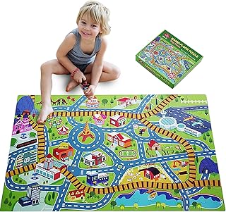 Giant Floor Puzzle for Kids - 60 Piece City Adventure Map with Train Tracks - Thick Cardboard Large Jigsaw Puzzles (2x3 feet) - Storytelling Educational Preschool Toy for Toddlers Ages 3-5 4-8
