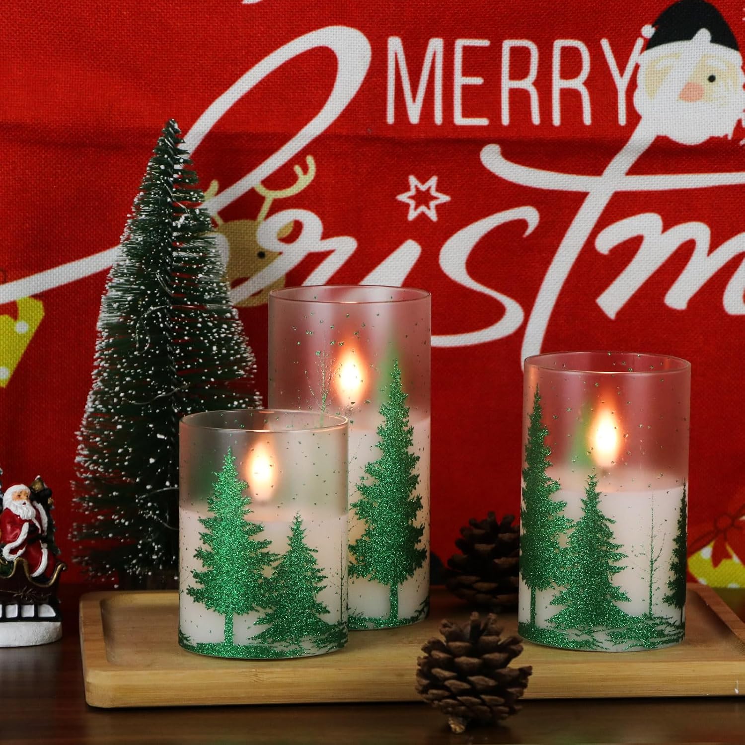 Flameless Christmas Tree Glass Candles with Remote Timer Battery Operated, LED Pillar Candles with 3D Flickering Flame for Christmas Holiday Home Décor (Green, 3x4/5/6 inches)