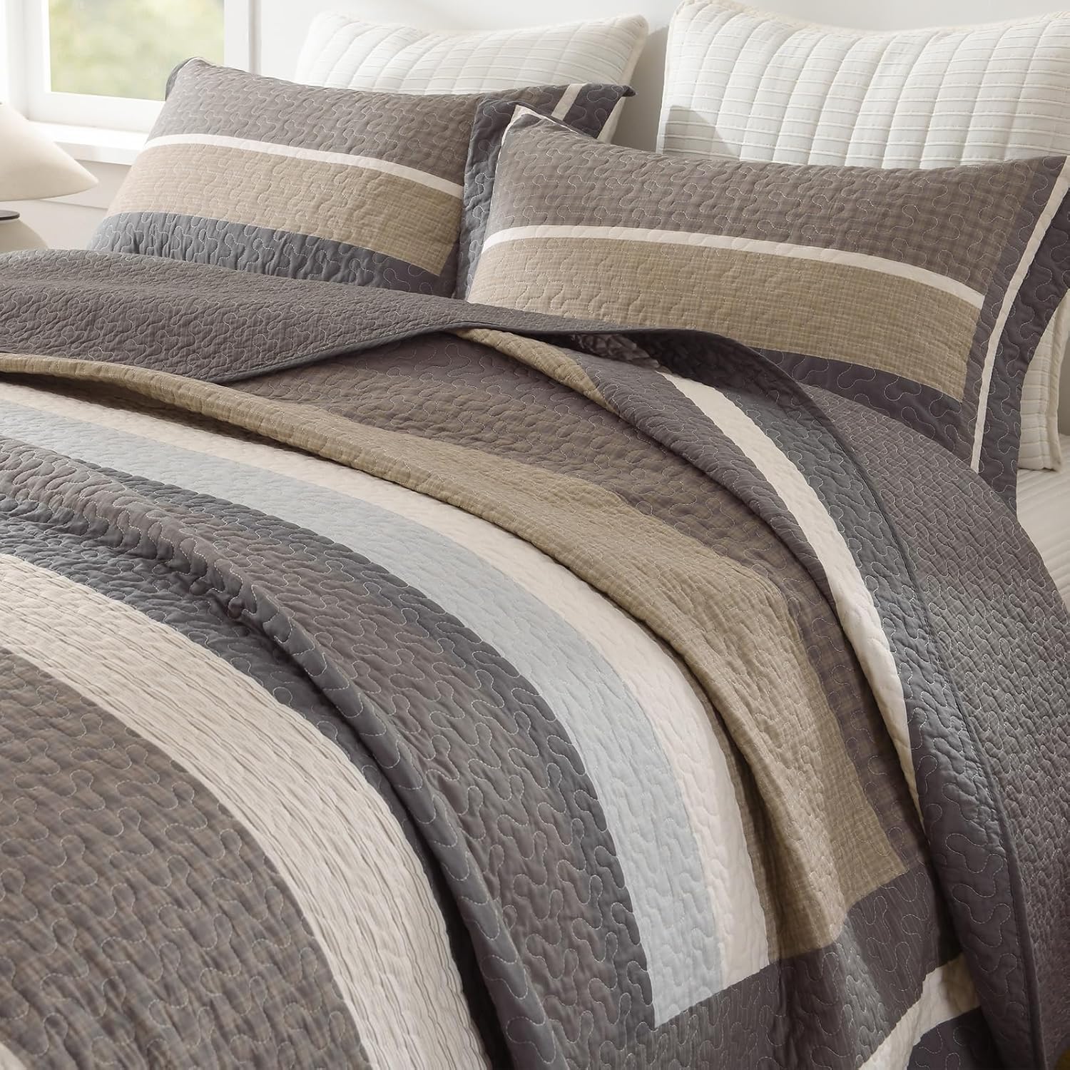 100% Cotton Quilts Queen Size, Queen Quilt Bedding Set Bedspread, Striped Quilt for Queen Bed, 3 Pieces Farmhouse Reversible Lightweight Comforter Bed Spread, Gray/Brown/Beige - Image 9