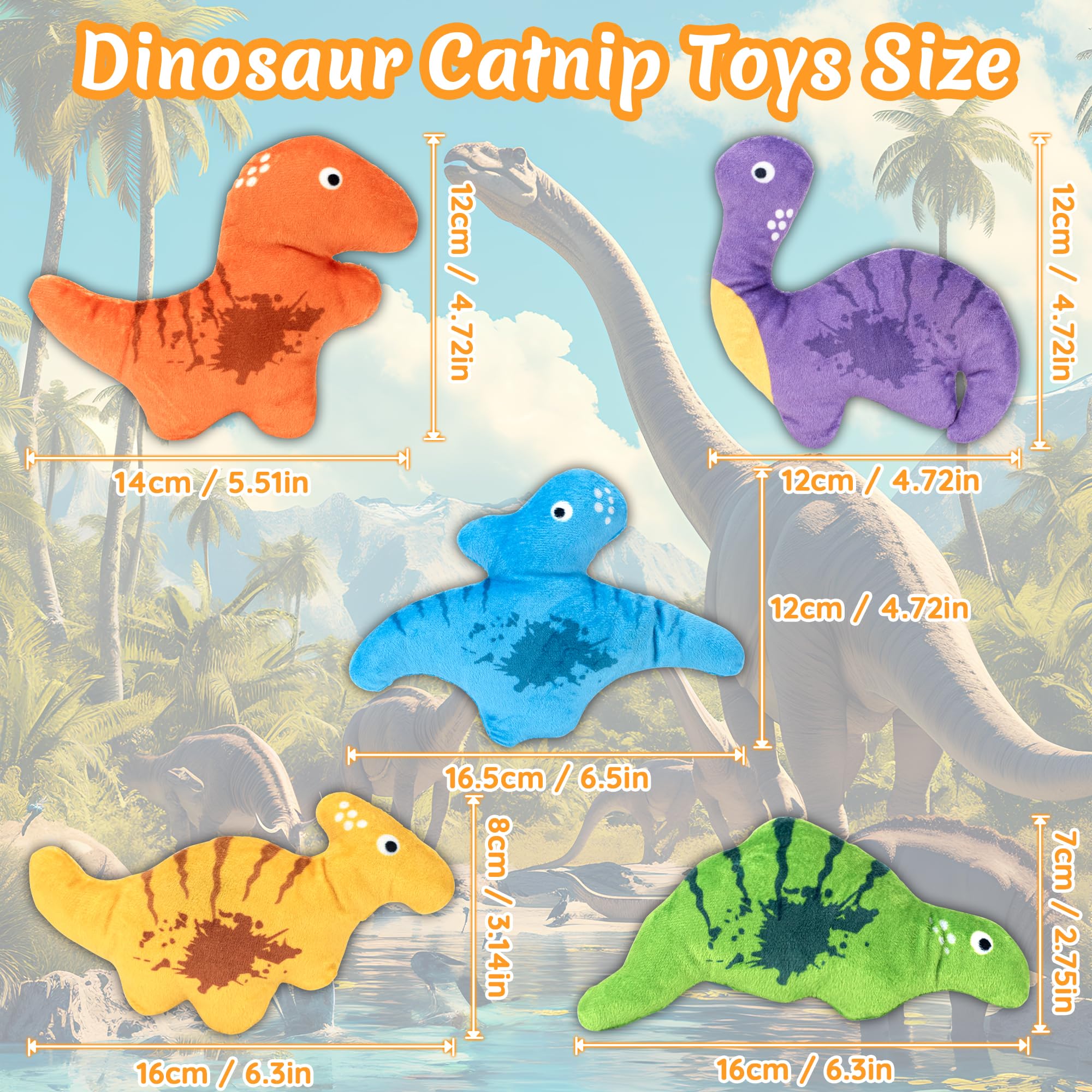 Ousiya Catnip Cat Toys, 5Pcs Dinosaur Catnip Toys for Cat, Catnip Crinkle Sound, Soft and Durable, Interactive Kitten Kicker for Indoor Kitty for All Breeds