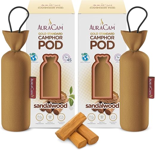 AuraCam Gold Standard Camphor Pod Cone (Sandalwood) - Set of 2 - Pod Air freshener For Room, Car, Bathroom, Office &amp; Toile...