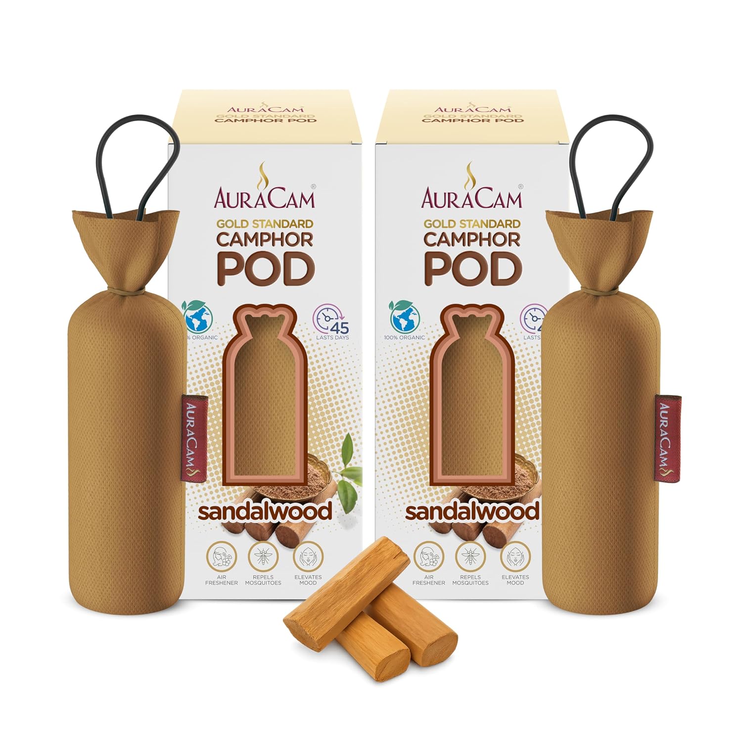 AuraCam Gold Standard Camphor Pod Cone (Sandalwood) - Set of 2 - Pod Air freshener For Room, Car, Bathroom, Office & Toile...