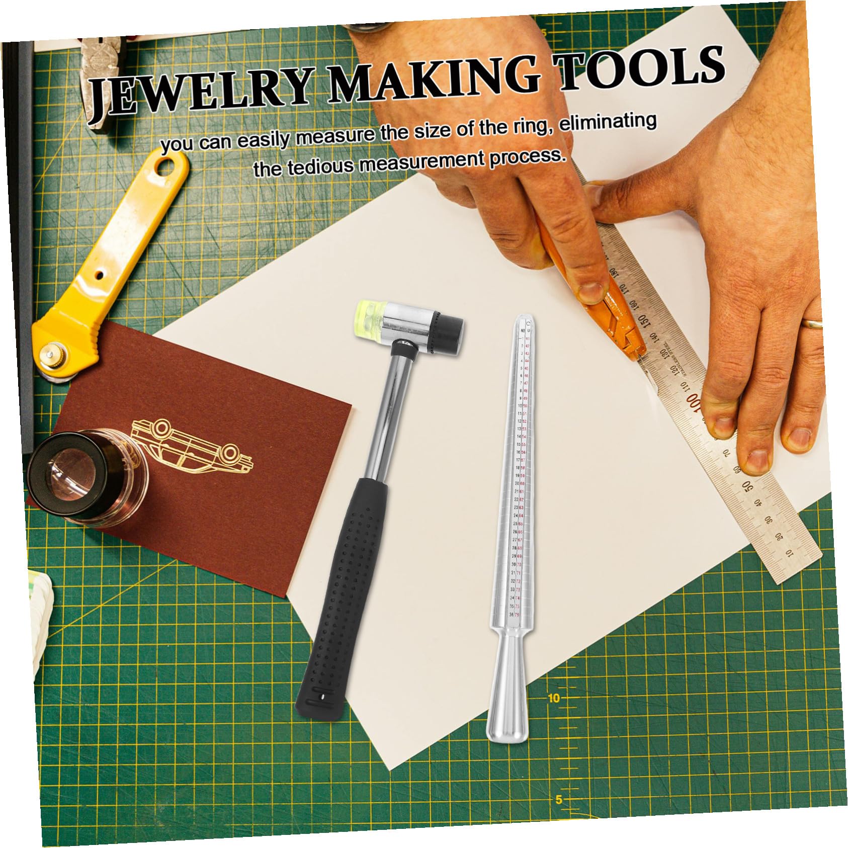 NUOBESTY Kit Strumenti Misurazione Anelli Metallo Mandrino Hobbista Fai da Te Martello Panno per Precisione Dimensionamento e Creazione Gioielli