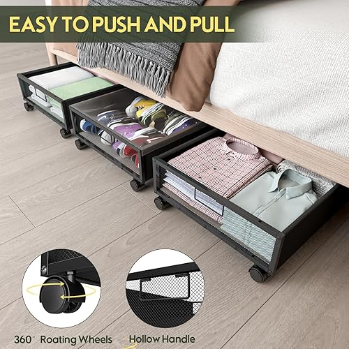 Miniatura 6 de JtEoss Contenedores de almacenamiento debajo de la cama de 73 litros, almacenamiento rodante debajo de la cama con ruedas, organizador grande de