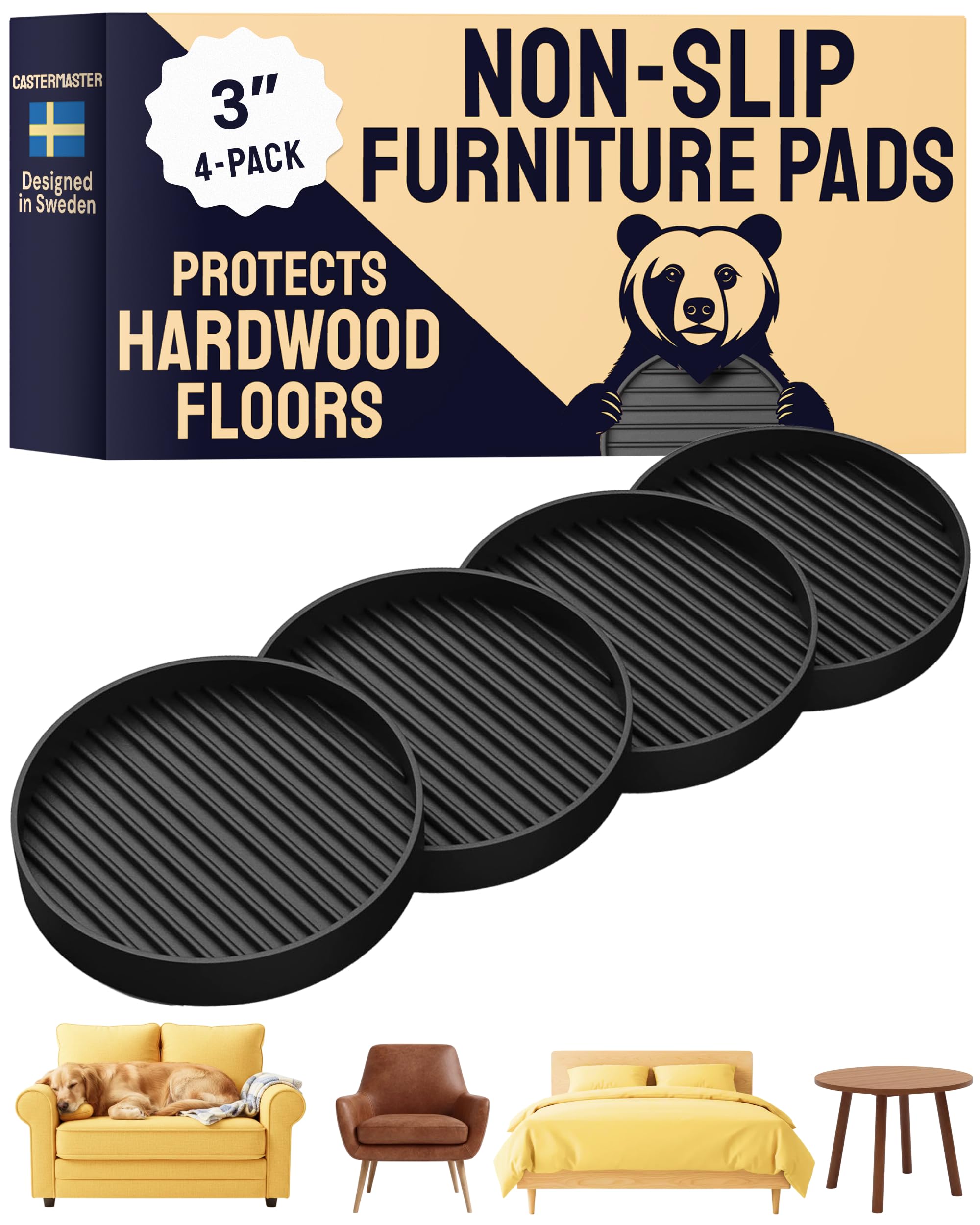 castermaster non slip furniture pads for hardwood floors - 3x3 black round caster cups - rubber feet for furniture - anti slip couch stoppers to prevent sliding - floor protectors (set of 4)