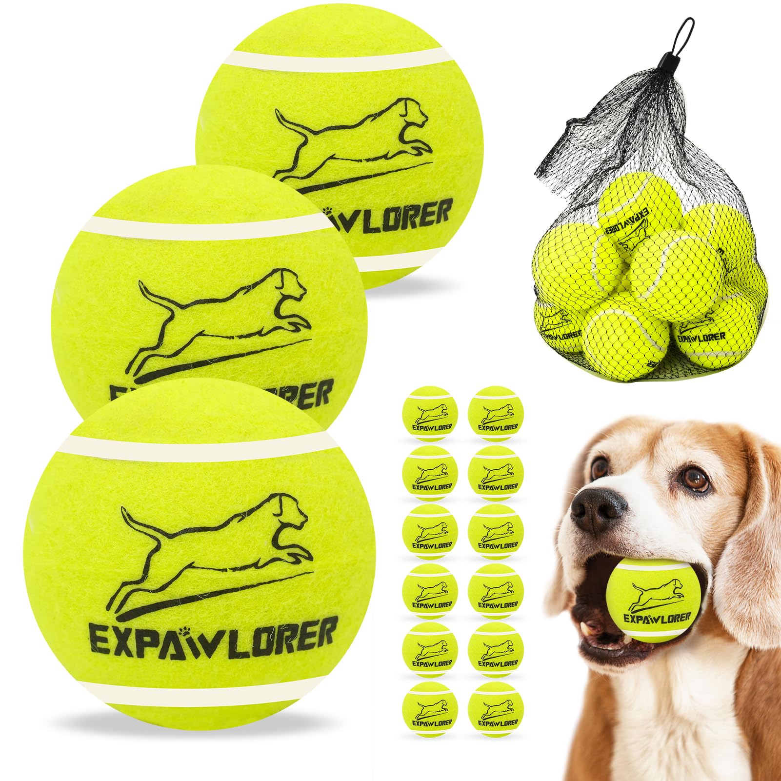 EXPAWLORER Tennis Toys for Dogs, 2.5 Inch Dog Toy Tennis Balls with Squeaker, 12 Pack Interactive Squeaky Dog Balls for Aggressive chewers,Perfect Pet Toy for Small, Medium + Large Dogs
