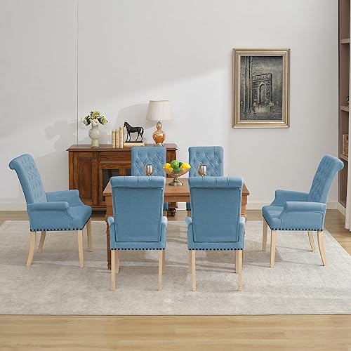 Miniatura 2 de LOULENS Sillas de comedor de tela, sillas tapizadas con reposabrazos capitoné, sillas decorativas con ribete de cabeza de clavo, patas de madera