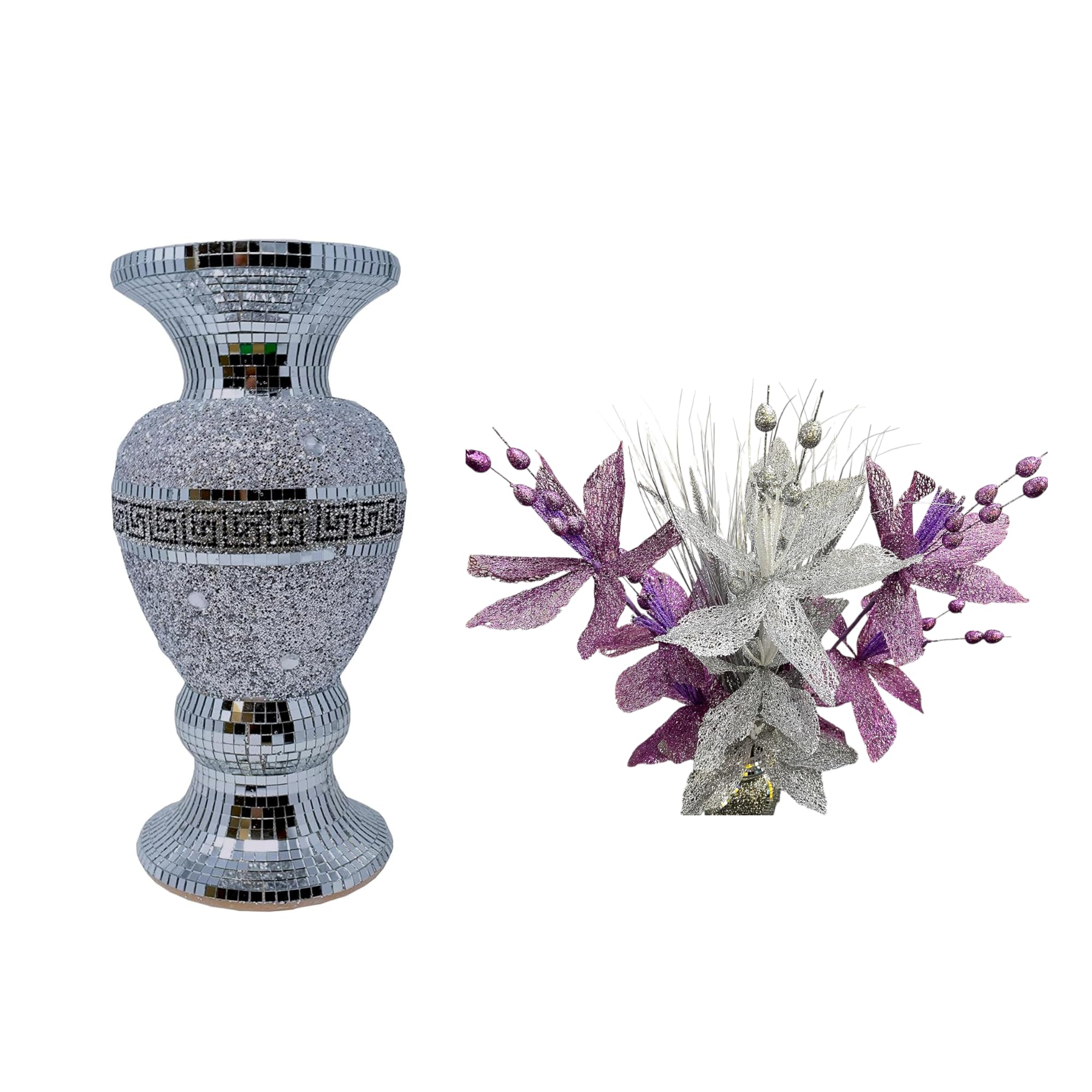Jayogla Silver + Purple Silver Crystal Crushed Diamond Vase With Artificial Flowers (Ceramic + Silk, )