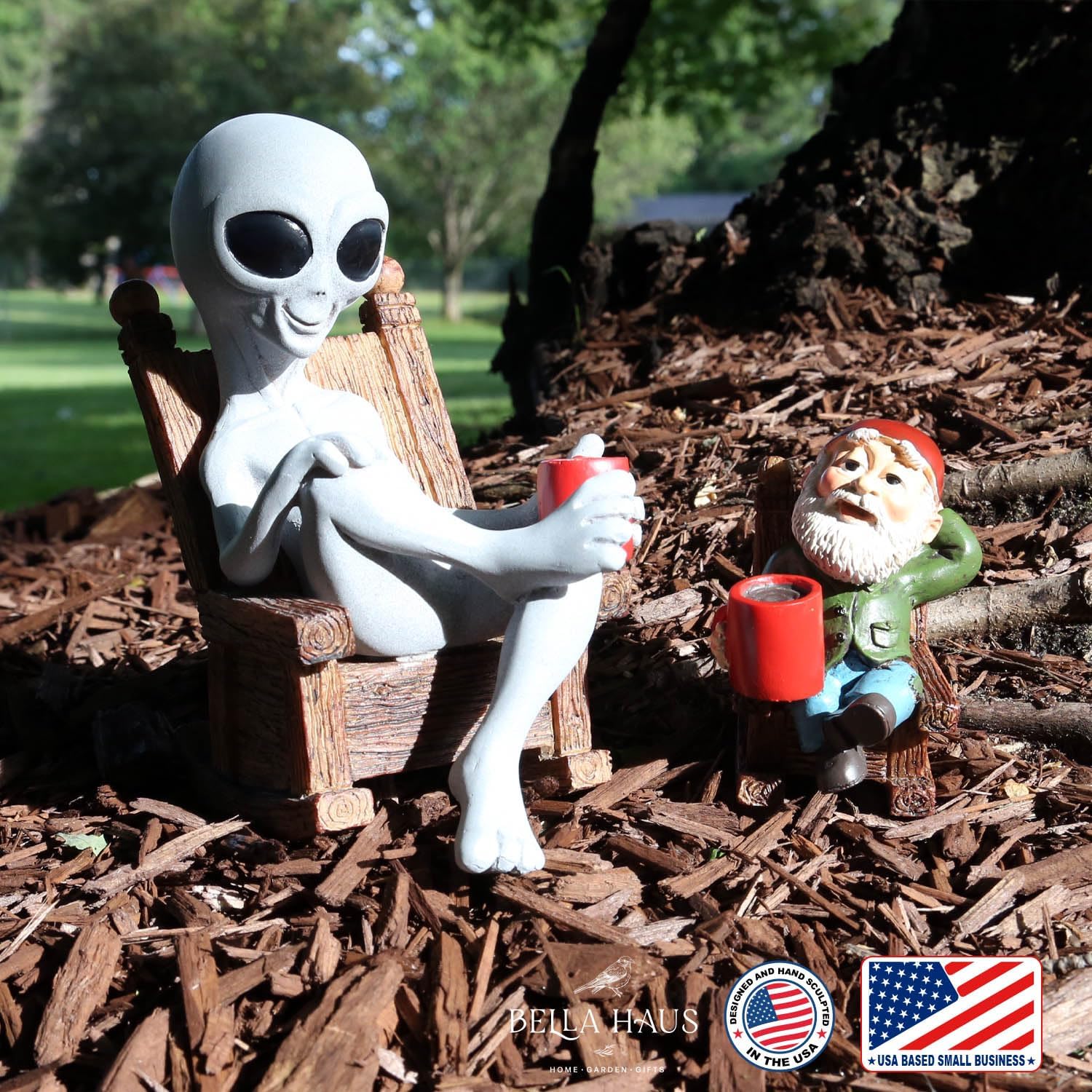 Andre' & Fritz | Celebrating Friendship with a Morning Cup of Coffee | Whimsical Extraterrestrial Outdoor Decor | Garden Statue 2pc Resin Set 6.25”/ 3.50” Tall (Coffee with Friends) image 2