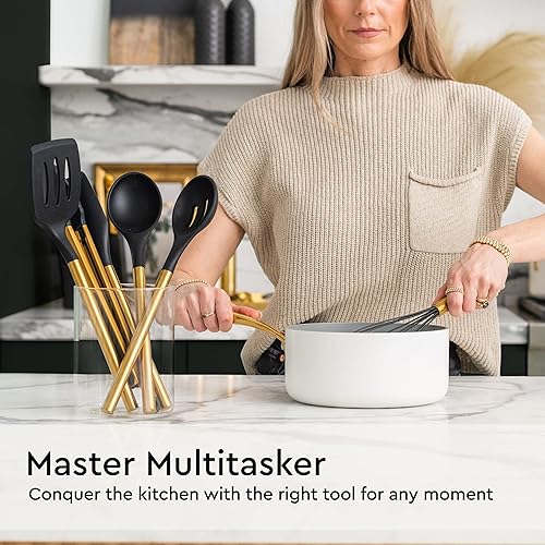 Miniatura 4 de Juego de utensilios de cocina negros y dorados, juego de utensilios de silicona de 6 piezas, incluye pinzas, batidor, cuchara de servir, espátula y