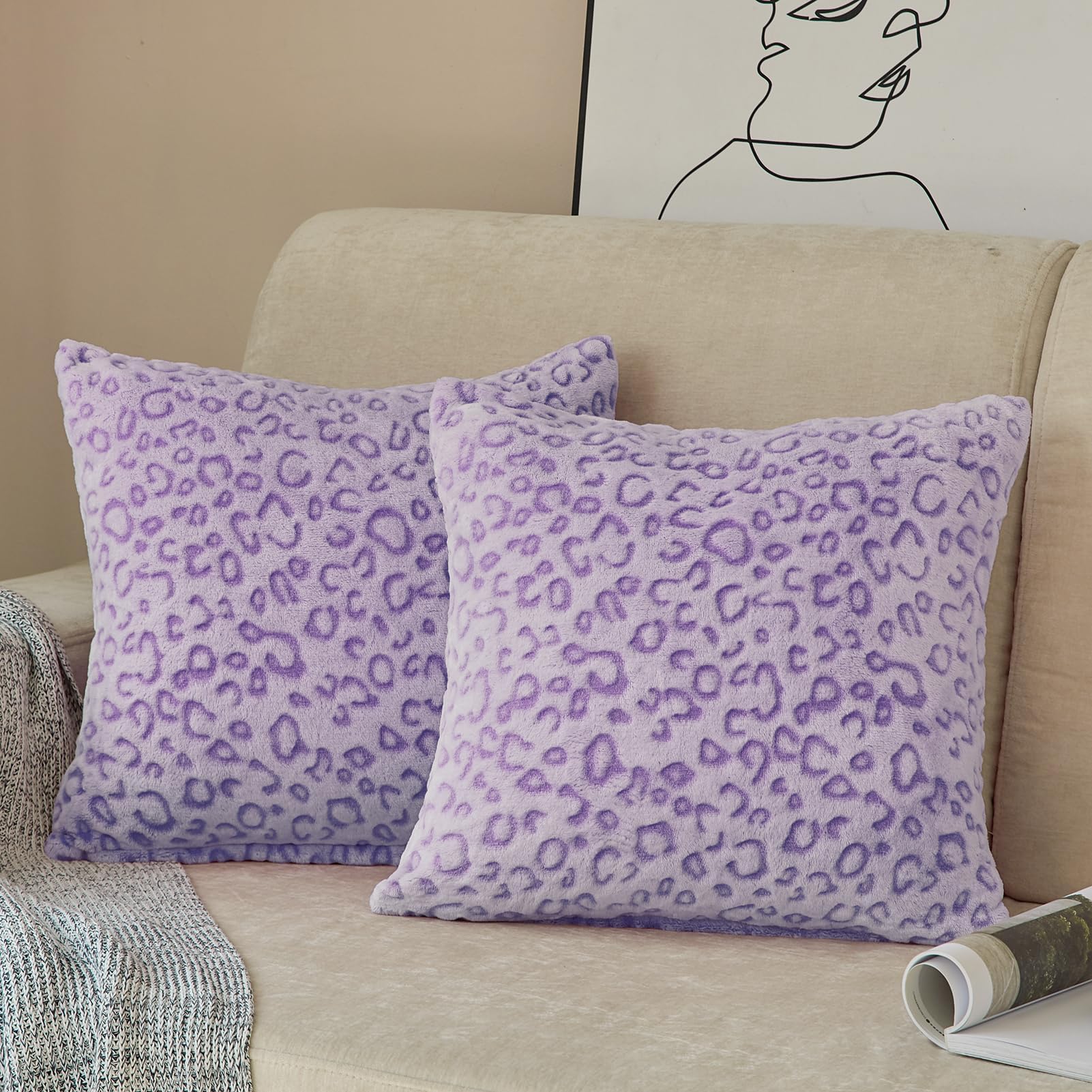 FY FIBER HOUSELeopard Print Pillow Cover Flannel Fleece Throw Pillow Cases Covers for Couch Bed Sofa Set of 2, 18 x 18 Inch, Purple