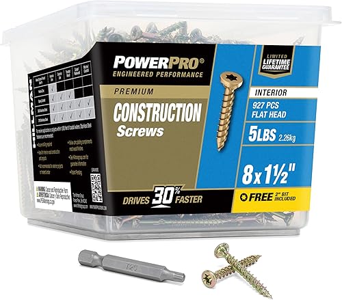 Power Pro 48587 Tornillos de madera, #8 x 3.8 cm, tornillos premium Star Drive para gabinetes interiores, zinc amarillo dorado, paquete de 5 libras