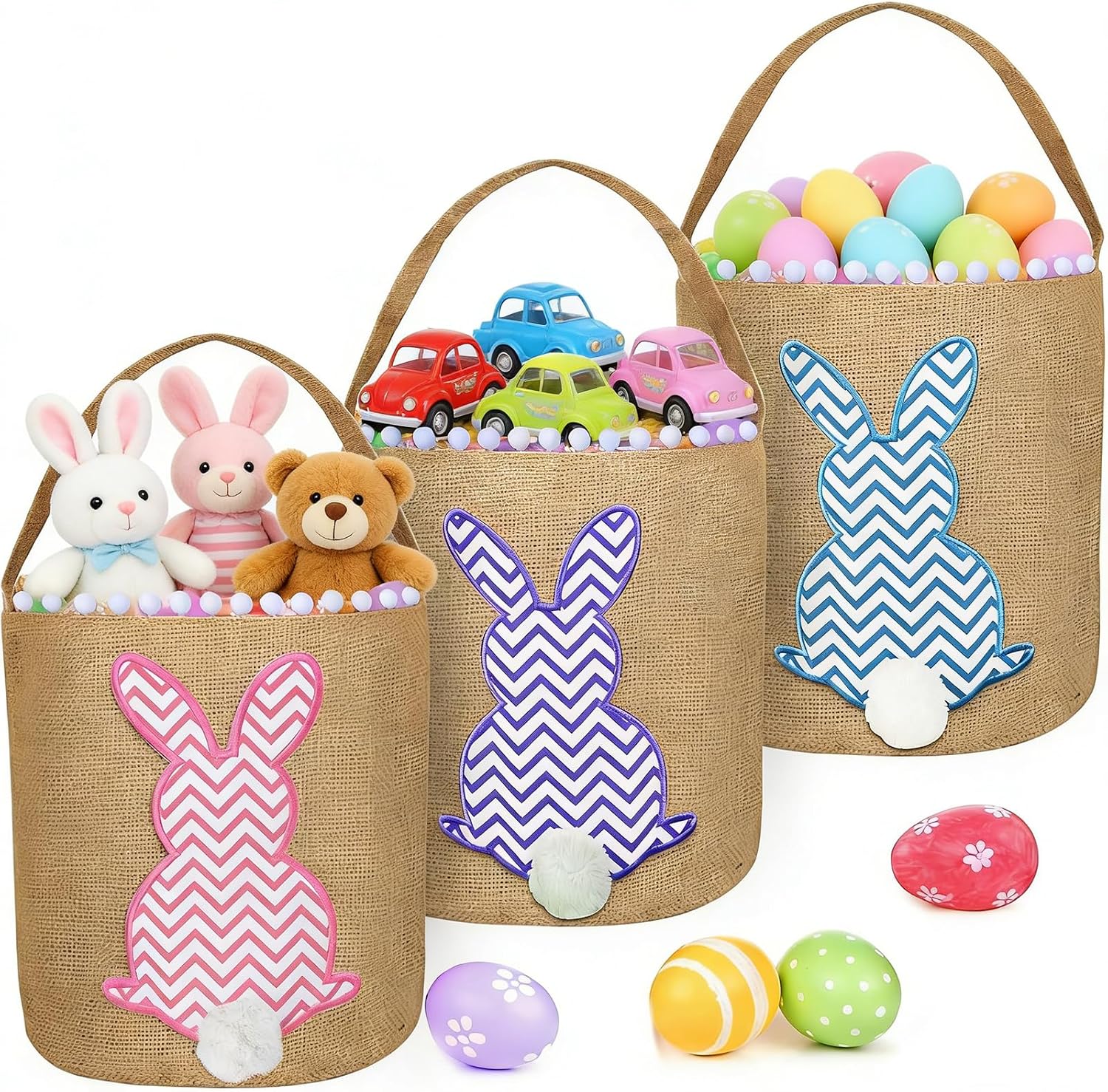 TURNMEON 3 PCS Easter Baskets Bunny Rabbit Bucket Tote Bags for Easter Egg Hunts Decorations Candy Gifts Storage Canvas Personalized Easter Eggs Baskets for Kids Girls Boys Party Favor Supplies