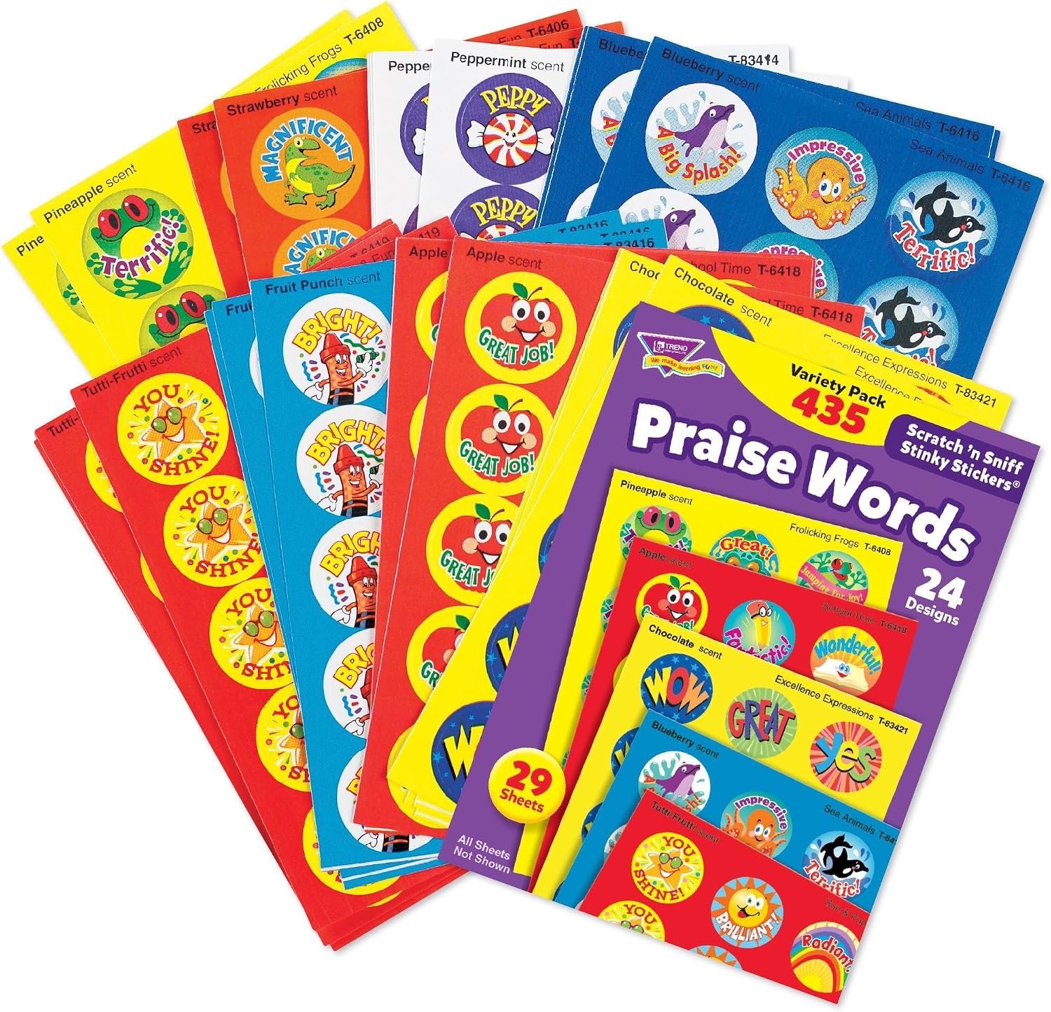 Trend Enterprises: Praise Words, Scented Scratch 'N Sniff Stinky Stickers, Fun for Rewards, Incentives, Crafts and as Collectibles, 24 Different Designs, 29 Sheets Included, for Ages 3 and Up