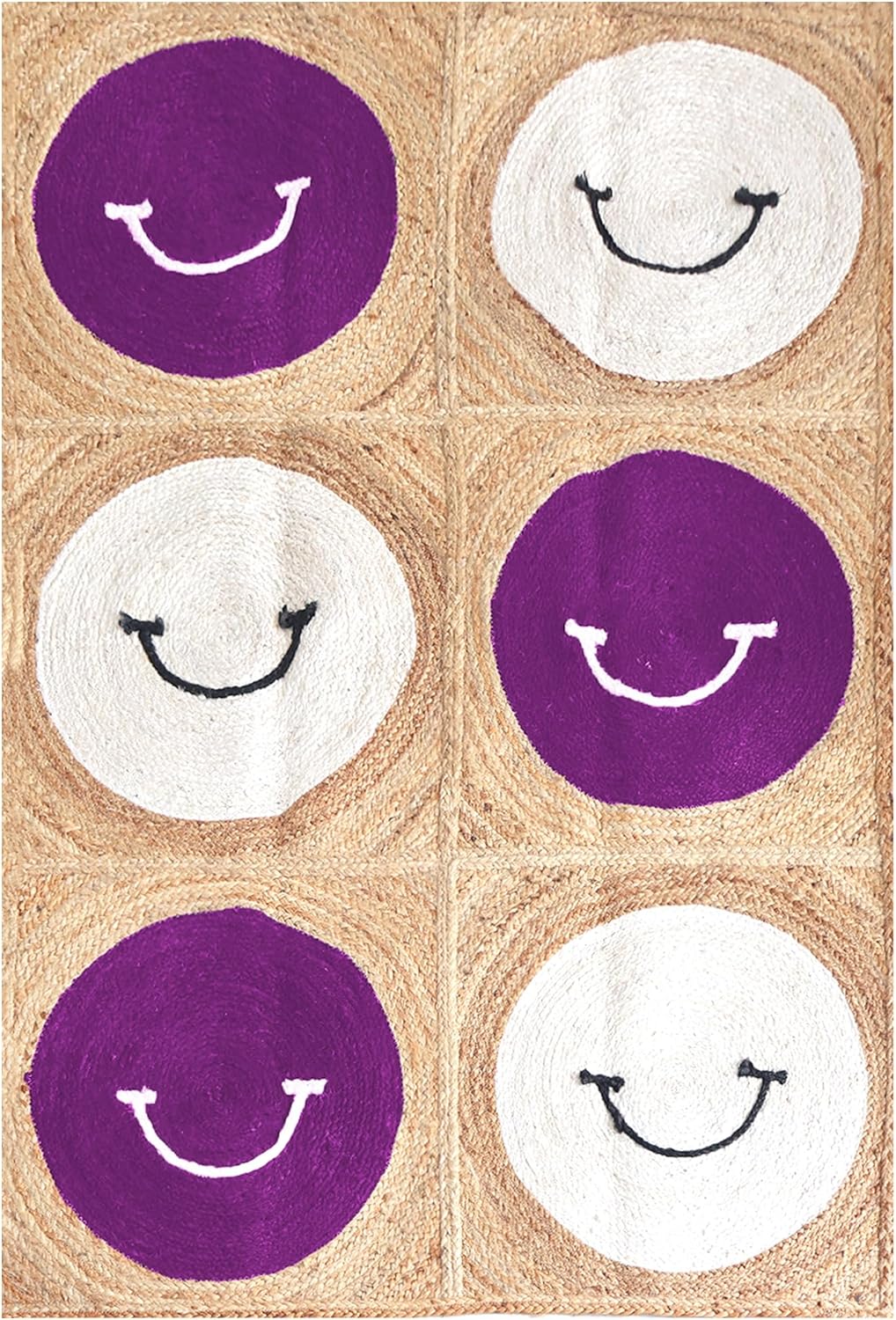 Natural Jute Area Rug 10x18 Hand Briaded Boho Rug Thick 0.27" Purple & White Geometric Smiley Face Pattern Rugs for Bedroom Kids Play Room Dining Table Decorative Floor Carpet