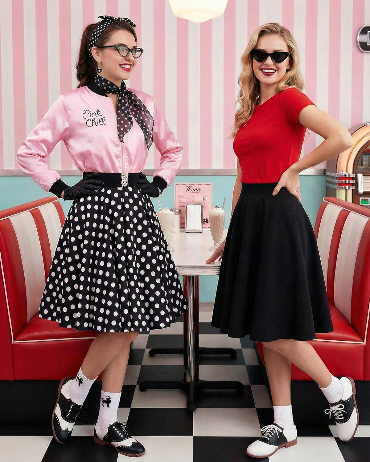 1950s Polka Dot Pink Satin Jacket Set with Accessories Vintage-Inspired 50s Style Skirt Halloween Cosplay