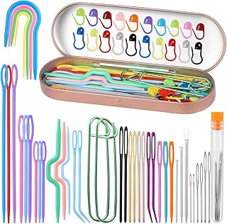 59PCS Yarn Needles Set, Darning Needles Kit, Big Eye Blunt Needles Kit with Bent Tapestry Needle Knitting Needles Plastic Sewing Needles Weaving Needle Threaders Stitch Markers for Crochet Sewing