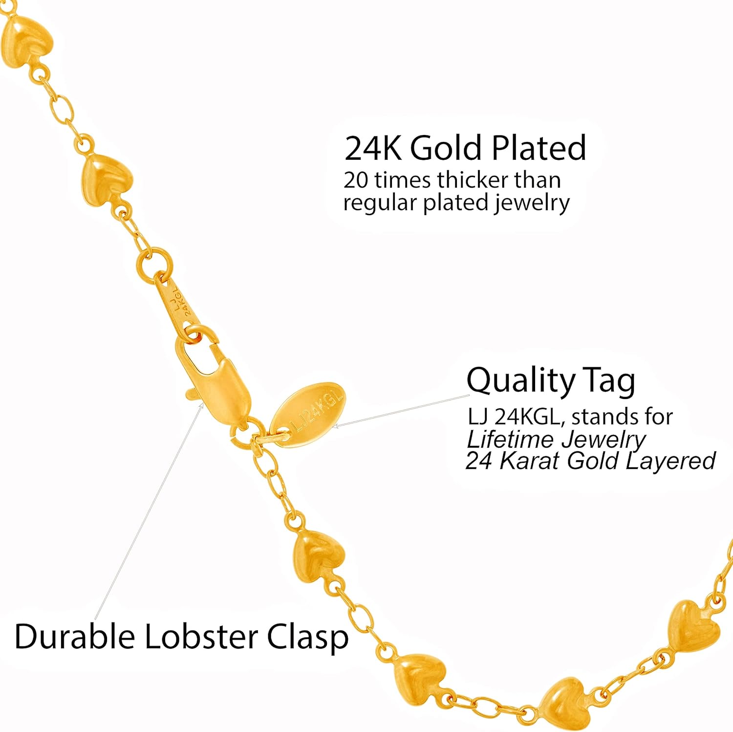 LIFETIME JEWELRY Womens Gold Anklet Solid Heart Link Ankle Bracelet 24k Real Gold Plated - Image 4